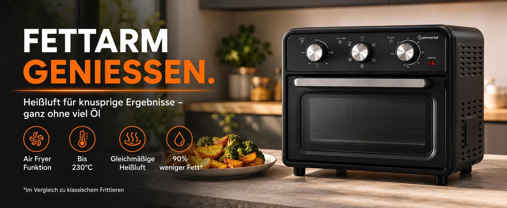 Sommertal Minibackofen 20 Liter mit Umluft & Heißluftfritteuse, 1800W Tischbackofen, Backen, Grillen & Pizza, Airfryer Funktion, 100–230°C