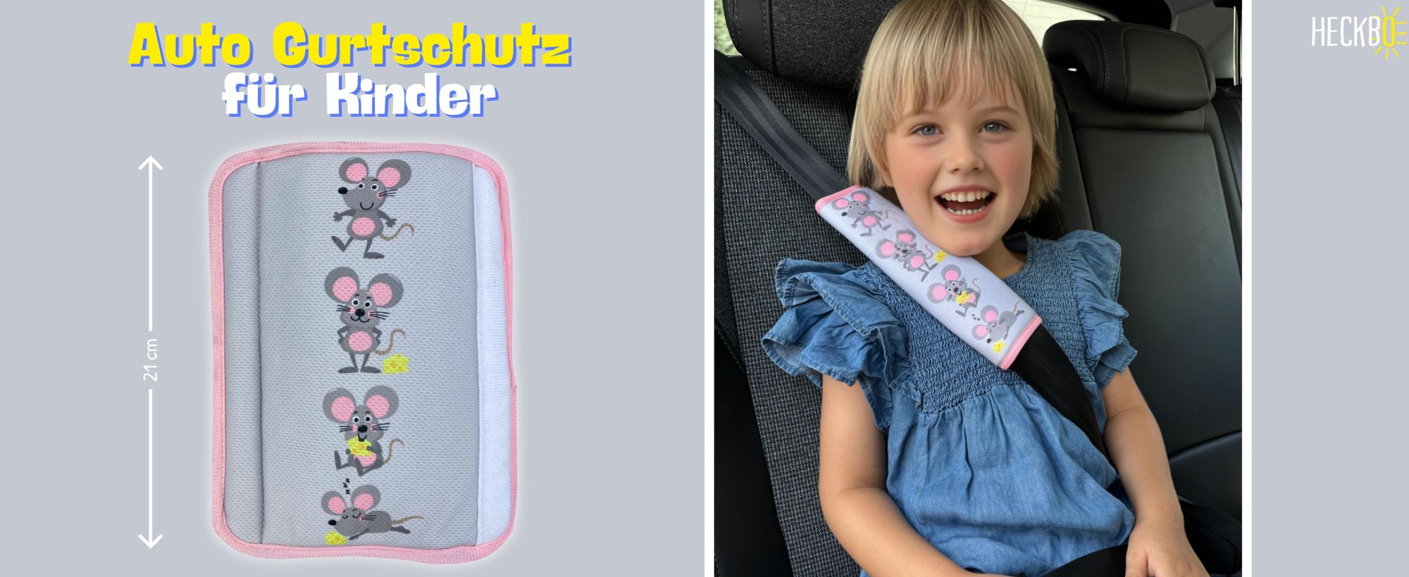1x HECKBO Kinder Auto Gurtpolster Gurtschutz mit Maus Motiv - Sicherheitsgurt Polster für Kinder und Babys- Ideal für jeden Gurt Autositzerhöhungen Kinder Fahrradanhänger Flugzeug