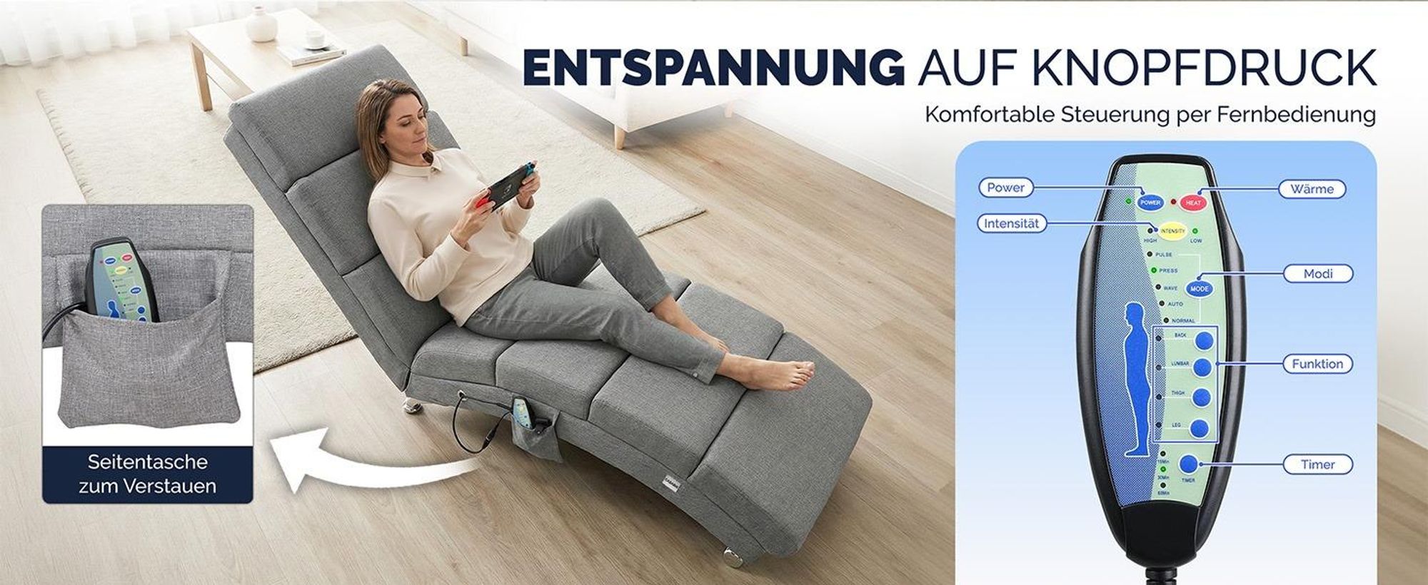 CASARIA® Relaxliege XXL Massage Heizfunktion 186x89x55cm Ergonomisch Stoff Gepolstert 180kg Belastbarkeit Wohnzimmer Innen Chaiselongue Relaxsessel Grau