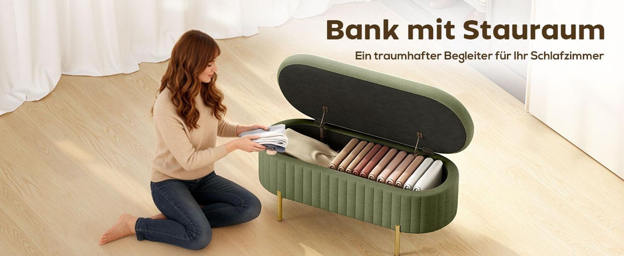 HOMCOM Sitzbank mit Stauraum Polsterbank mit Samtoptik, Metallbeine, Grün