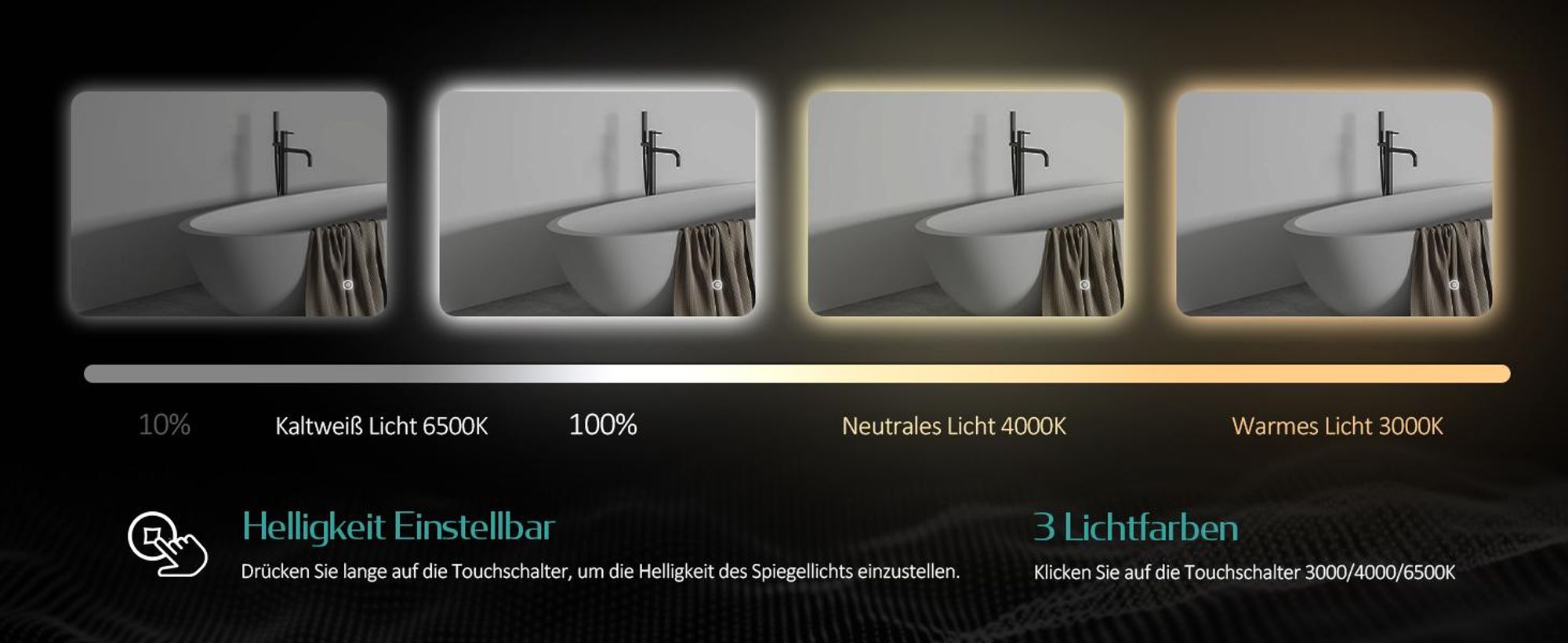 EMKE LED Badspiegel 70x50cm mit Beleuchtung 3 Lichtfarbe kaltweiß Neutral Warmweiß Beschlagfrei Lichtspiegel Badezimmerspiegel mit Touchschalter