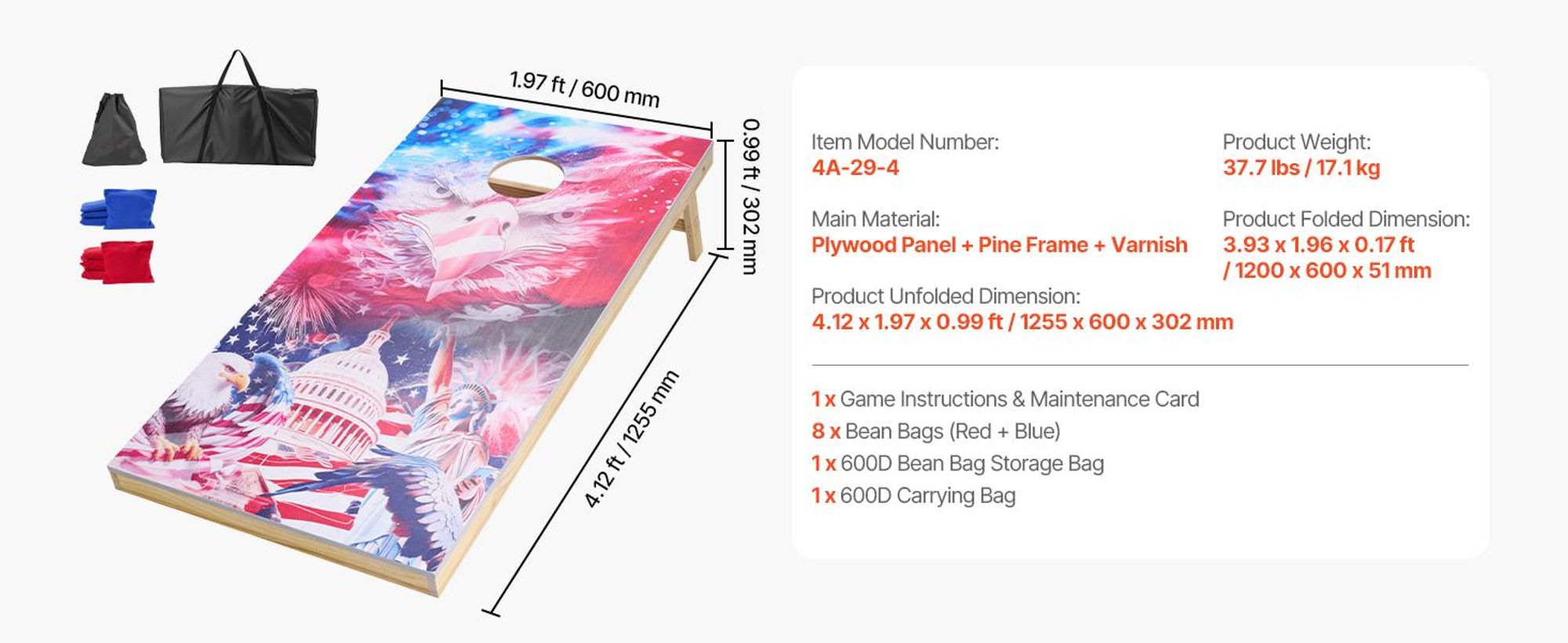VEVOR Cornhole Spiel Set (1255 x 600 x 302 mm) Cornhole-Spielbretter, tragbares Wurfbrett aus Massivholz, Cornhole-Spiel für Erwachsene, inkl. 8 Sitzsäcken & Tragetasche, für Garten Hinterhof