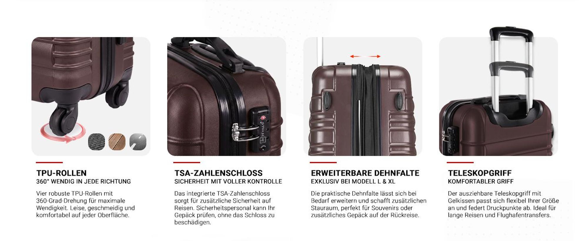 Devillo® Kofferset 4tlg. S-M-L-XL, Terrabraun - Trolley Koffer Reisekoffer Reisekofferset Gepäck Rollkoffer TSA 4 Rollen ABS-Hartschale Teleskopgriff