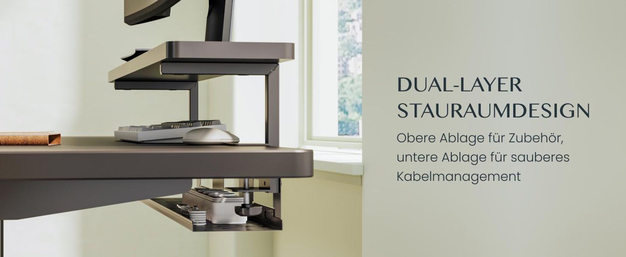 FLEXISPOT Monitorständer mit Klemme, 2 Ablagen, Kabelmanagement, 20 kg Tragkraft, 100 x 20 cm, bis 25 mm Tischplatte, Schwarz