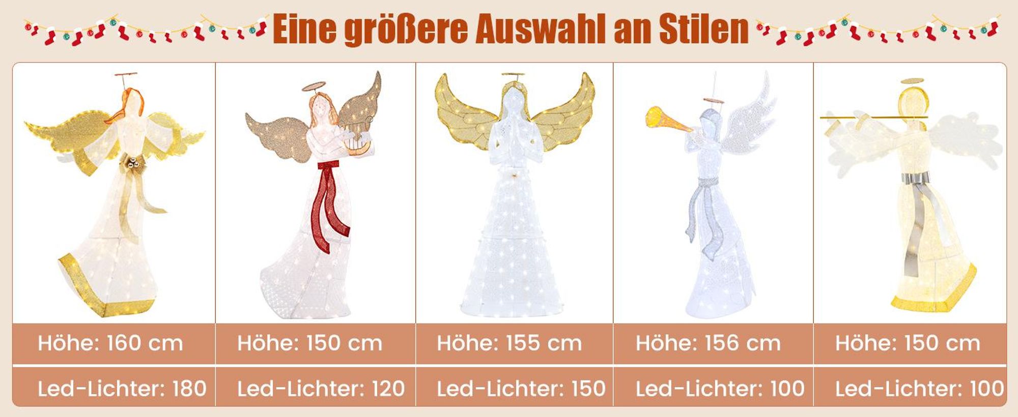 COSTWAY beleuchteter Weihnachtsengel 160cm, geflügelte Weihnachtsdeko mit 180 warmweißen LEDs, Heiligenschein & Flügeln, Weihnachtsfigur
