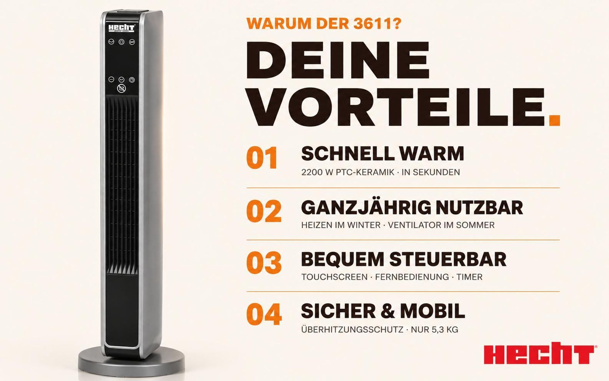 Ventilator 2in1 Keramik Heizlüfter Elektro HCEHT 3611 | 2200 W | Touchscreen und Thermostat