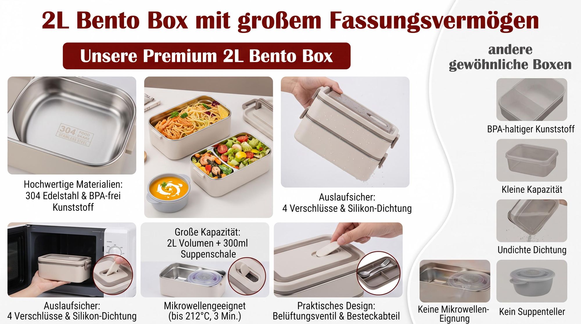 Lunchbox, 2L Edelstahl-Doppelwand Box,Isolierte und auslaufsicher mit Besteck und Suppenschale,für Arbeit,Schule und Outdoor