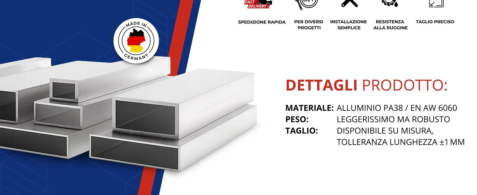 Profilo in alluminio 40x20x2 mm 200 cm Tubo rettangolare in alluminio + taglio su misura