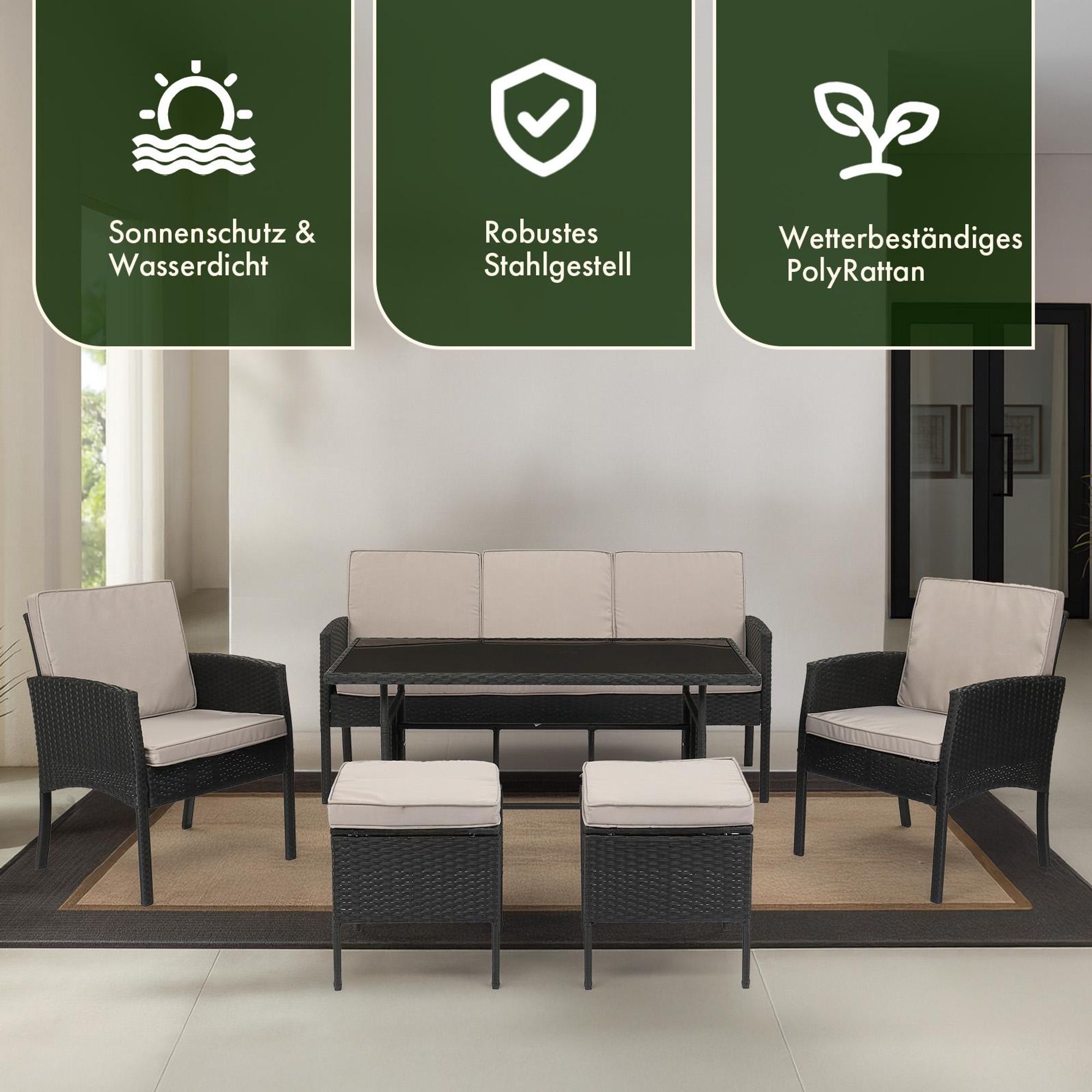 FCH Gartenmöbel-Set,Polyrattan Lounge Set,Gartenlounge-Set - Sofa, Tisch, Hocker & Kissen