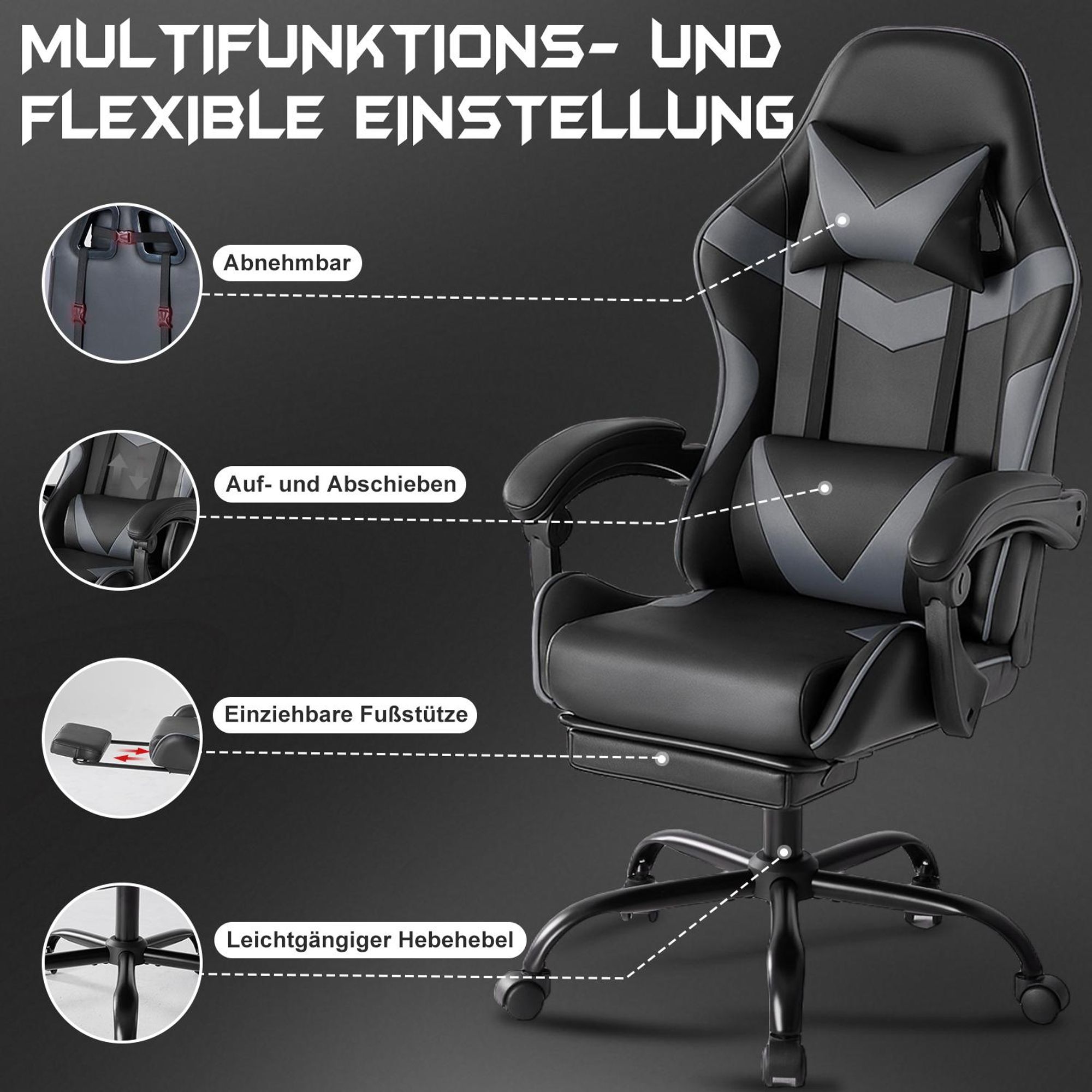 Gaming Stuhl, Chair Gamer Sessel - Ergonomischer Gamer Stuhl mit Fußstütze Kopfstütze und Lordosenstütz Höhenverstellbar Gepolstert Gamingstuhl 150 Kg