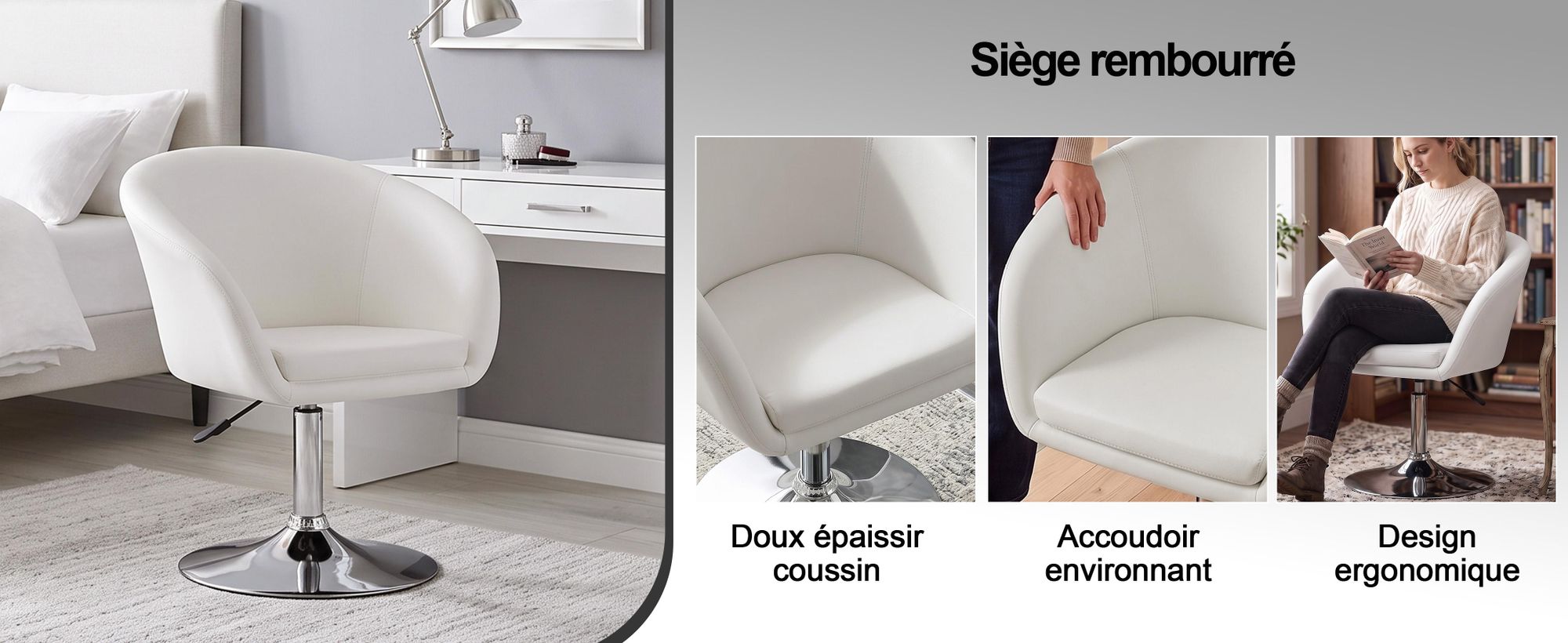 Duhome Fauteuil club Fauteuil cocktail en similicuir Fauteuil lounge réglable en hauteur Tabouret pivotant avec accoudoirs et dossier, blanc