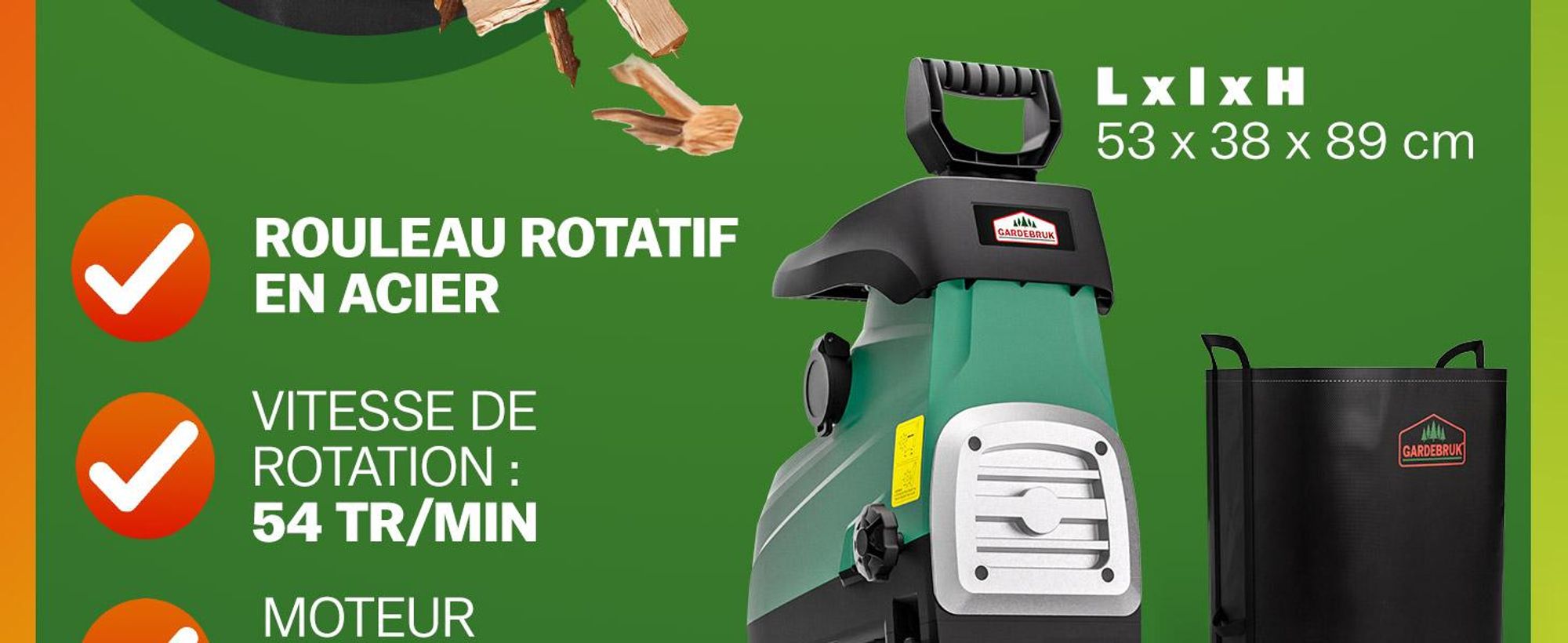 GARDEBRUK Broyeur de végétaux électrique 3.100 W