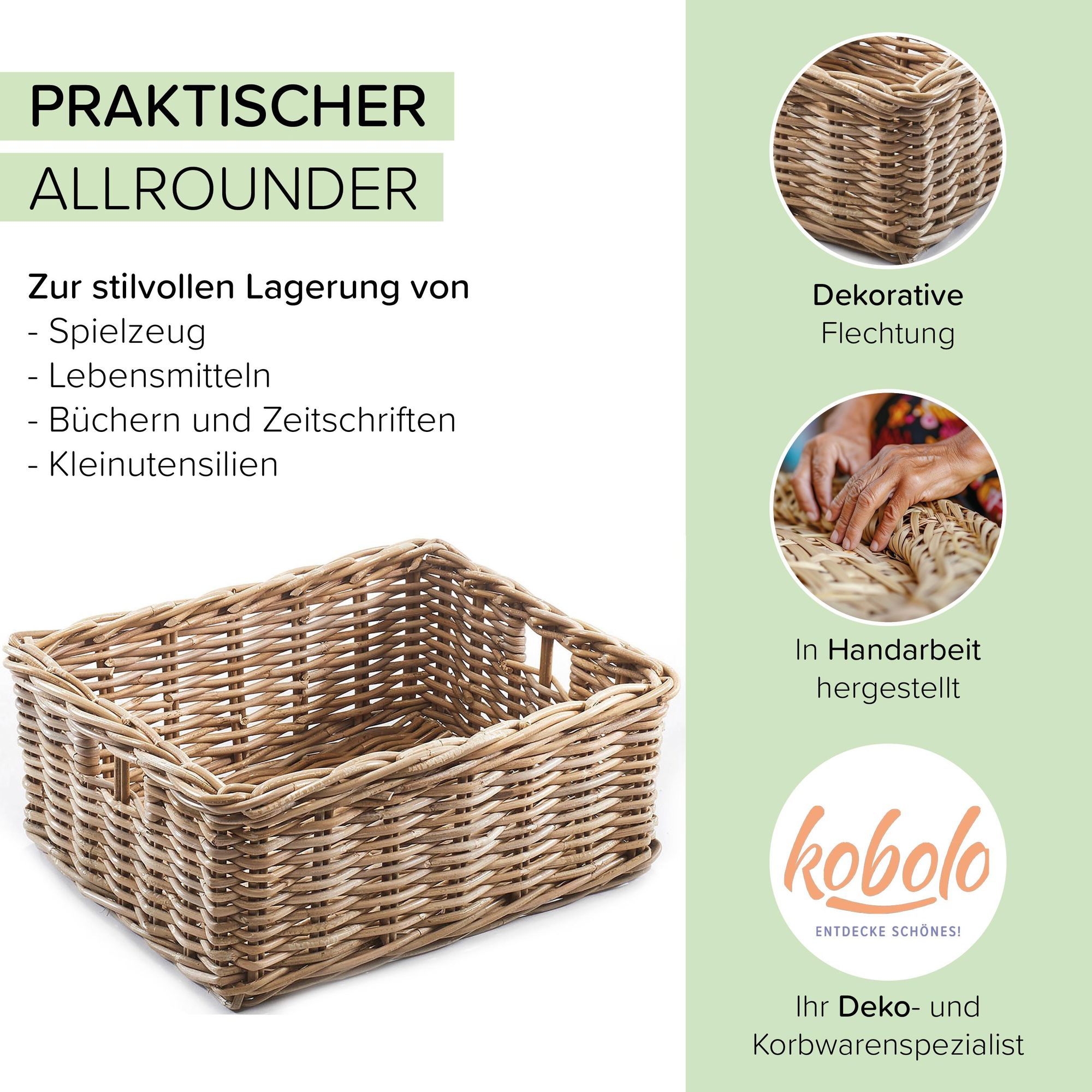 Kobolo Regalkorb Aufbewahrungskorb 52L x 40B cm x 20H cm Rattankorb eckig Rattan Kubu grau groß | moderner Deko Korb stilvolle Aufbewahrung Ablage