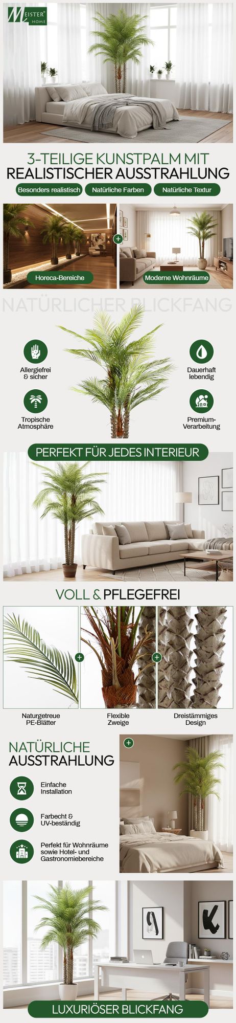 Meisterhome Kunstpalme XXL 250 cm – Extra große Tropische Kunstpflanze – 3-teiliges Stecksystem – Naturgetreu, pflegeleicht & langlebig