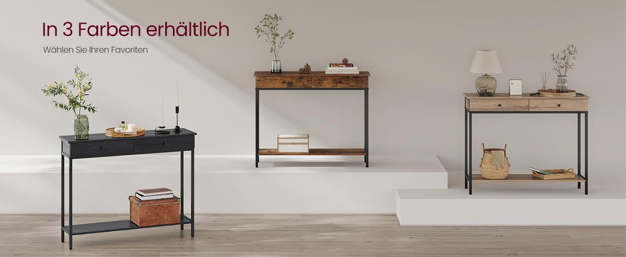 VASAGLE Konsolentisch, Flurtisch, Beistelltisch, Sofatisch mit 2 Schubladen, Stahlgestell, Flur, Wohnzimmer, Industrie-Design