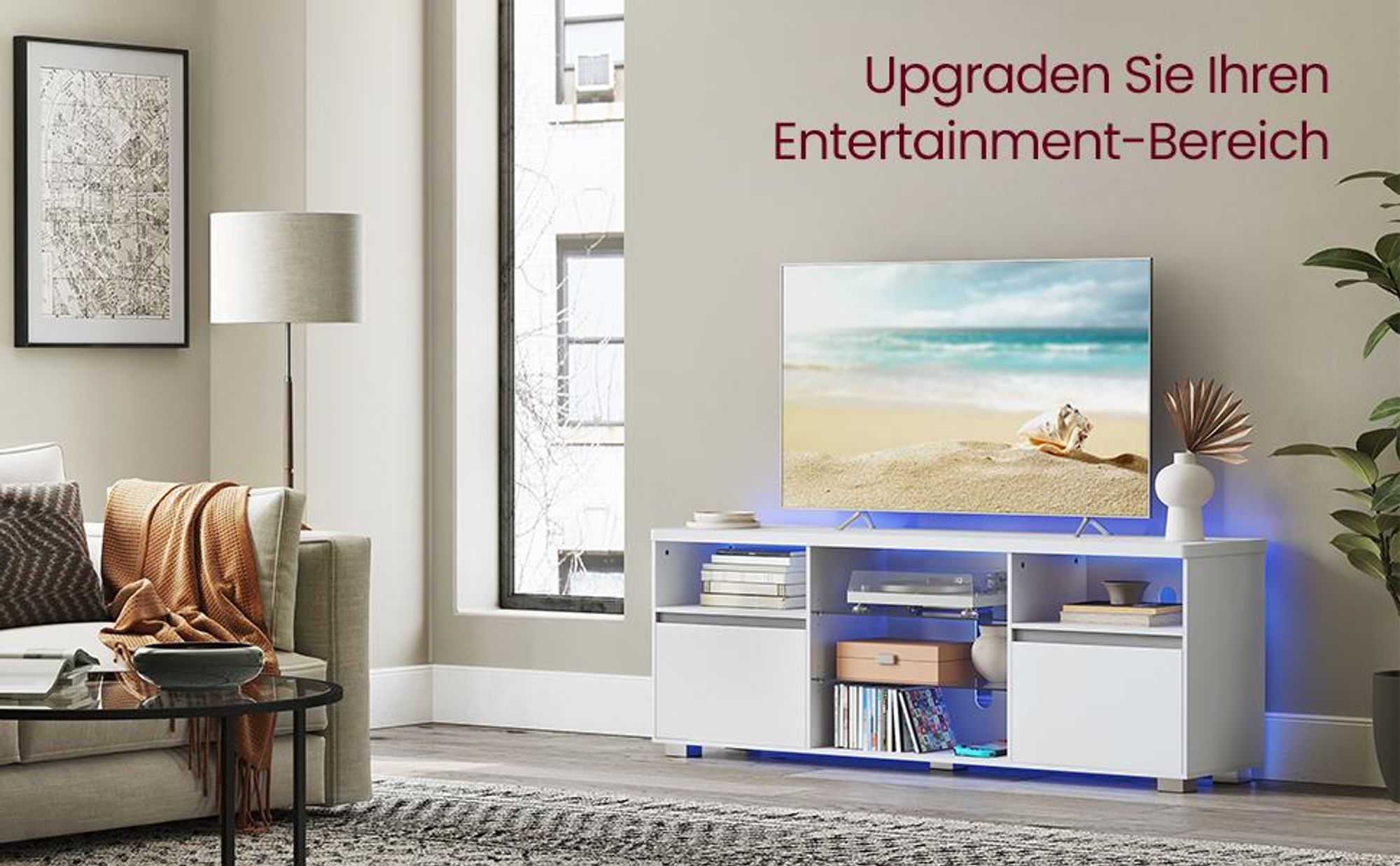 VASAGLE TV-Schrank mit LED-Beleuchtung, Fernsehtisch, TV-ständer für Fernseher bis zu 70 Zoll, mit offenen Ablagen, 2 Schränke mit Türen, 160 cm, für Wohnzimmer, weiß VTL331T10