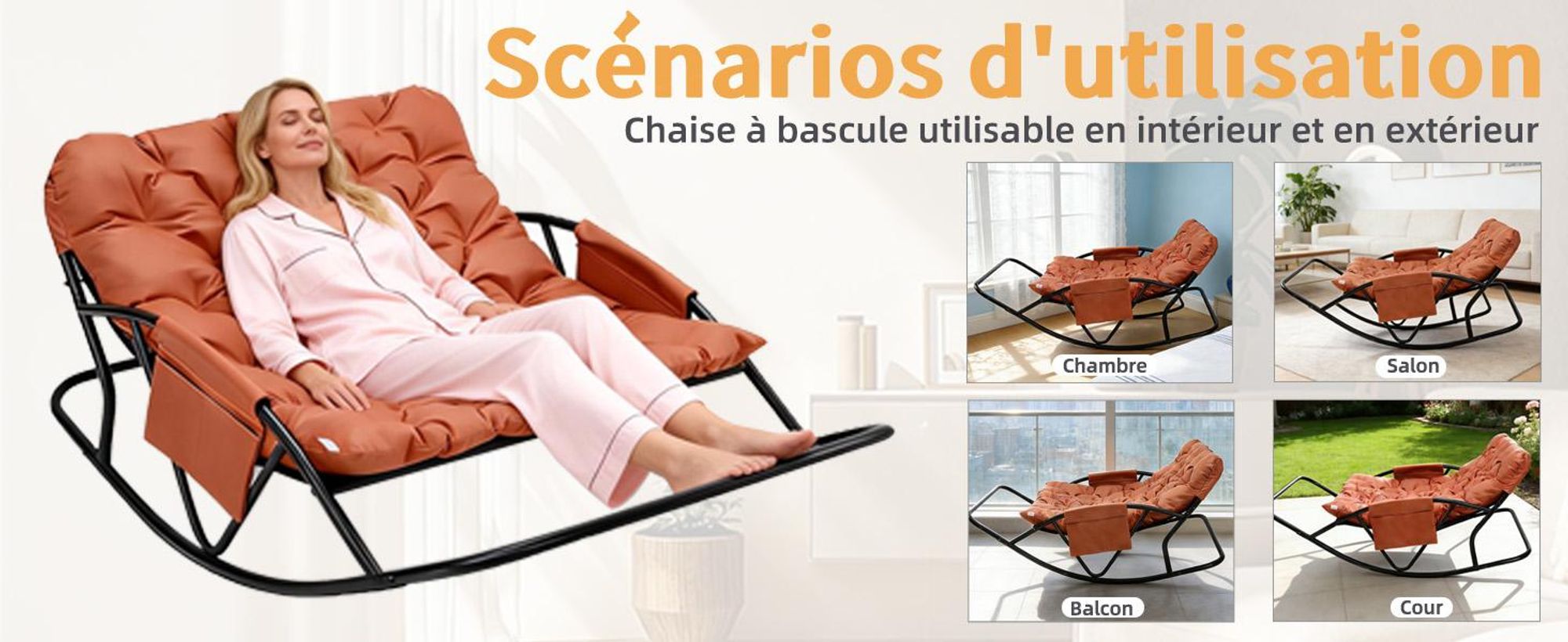Fauteuil à bascule extérieur pour deux avec coussin et repose-pieds, chambre, salon, terrasse, jardin, balcon, 240 kg, tissu technique, orange
