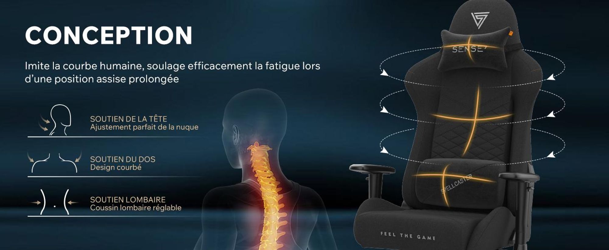 SENSE7 Spellcaster SENSHI Fauteuil gaming en tissu noir - Fauteuil de bureau ergonomique, fauteuil de bureau, fauteuil gaming, charge maximale 150 kg, accoudoirs 2D, fauteuil de direction