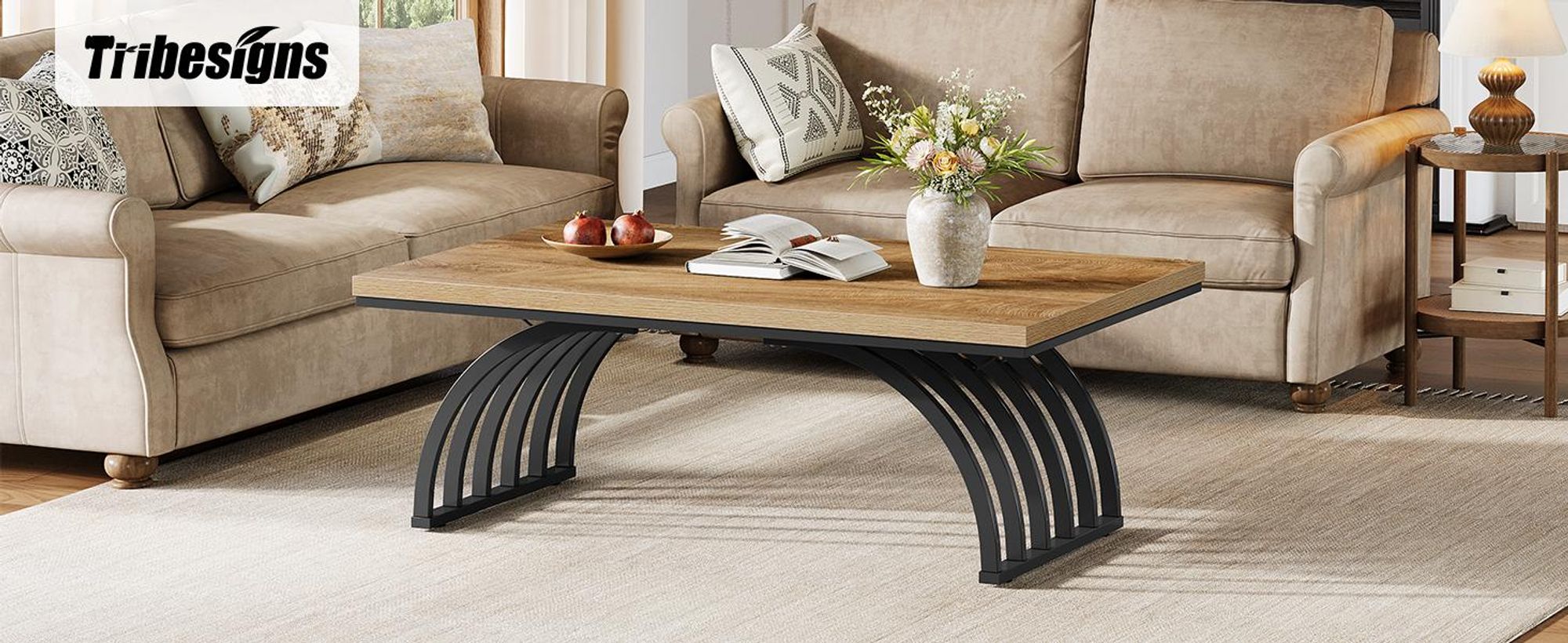 Tribesigns Couchtisch Holz, 120 cm rustikaler rechteckiger Teetisch mit Metallrahmenbeinen Wohnzimmer, Zuhause, einfache Montage, Braun und Schwarz
