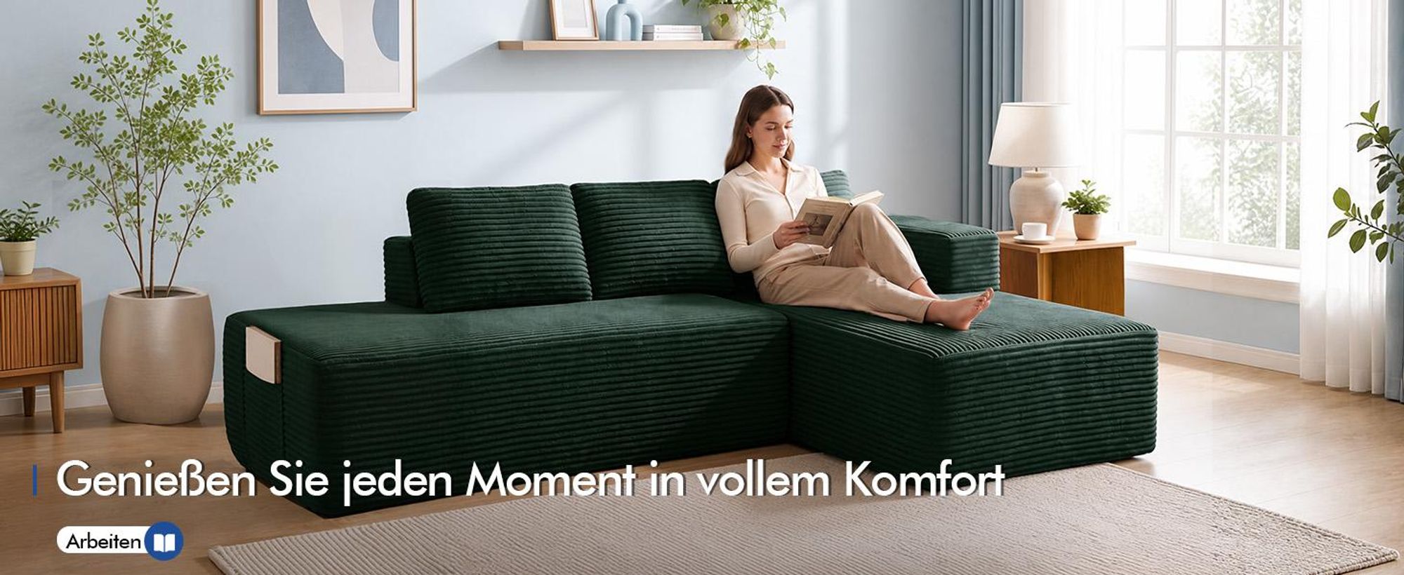 COMHOMA Ecksofa mit Schlaffunktion, 228cm Corduroy Modulares Boneless Couch mit Chaiselongue & Rücken-Metallgestell, L-Form Schlafsofa mit offenem