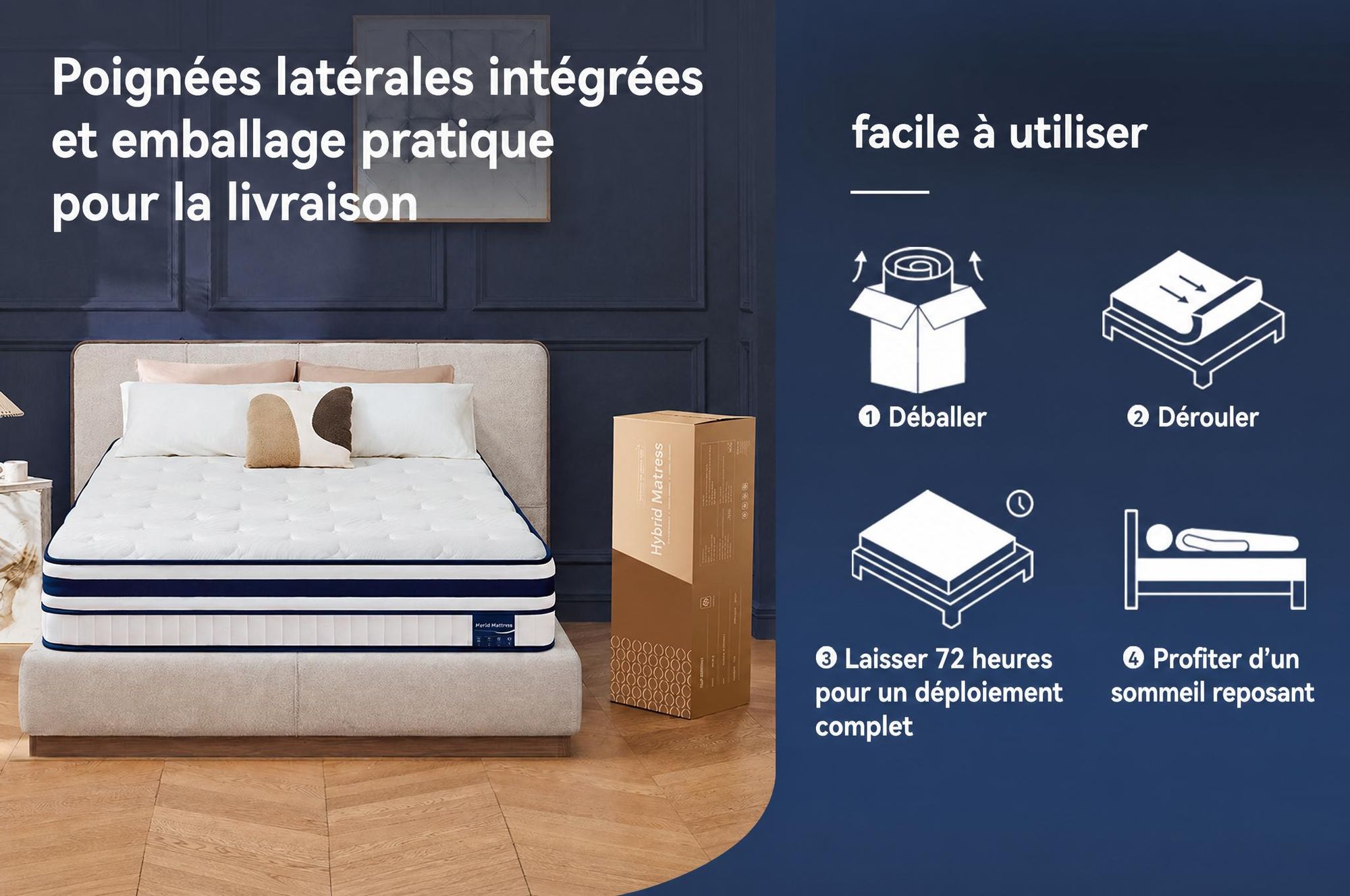 Matelas 90x200 cm, hauteur 30 cm, avec topper intégré, matelas à ressorts ensachés 7 zones, fermeté H3/H4