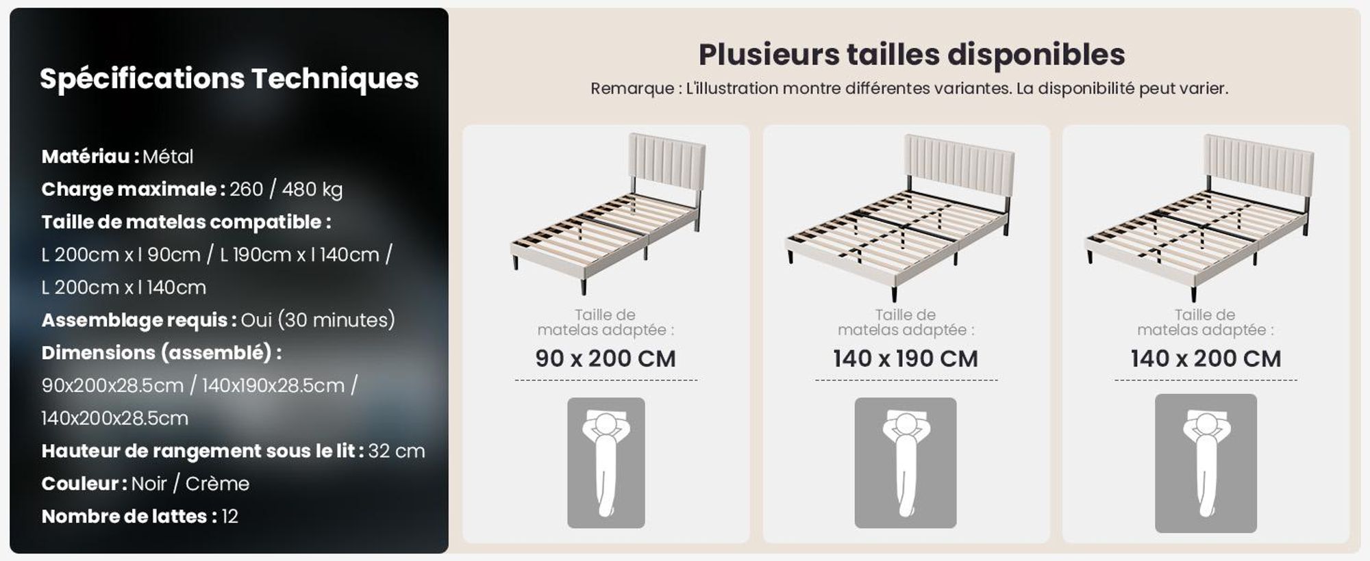 Lit rembourré 140 x 190 cm avec tête de lit réglable, sommier à 12 lattes, cadre de lit robuste pour chambre à coucher ou chambre d'adolescent, charge maximale de 480 kg, blanc gris