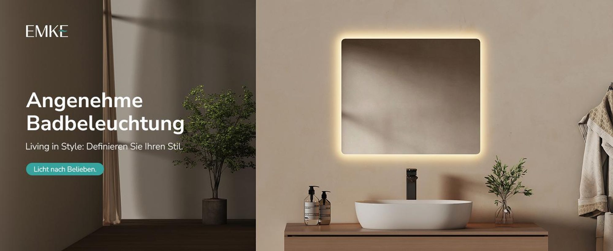 EMKE Badspiegel mit Beleuchtung LED Wandspiegel mit Beschlagfrei, 2 Farben des Lichts, Druckknopfschalter, 50x60cm