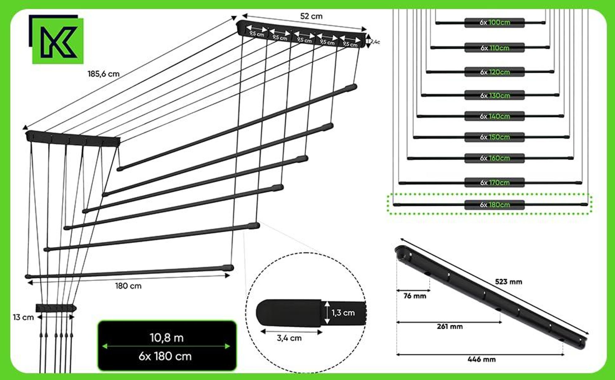 KADAX Deckenwäschetrockner "Torp", Deckentrockner Traglast 12kg, 6 Stäbe, 180 cm, schwarz