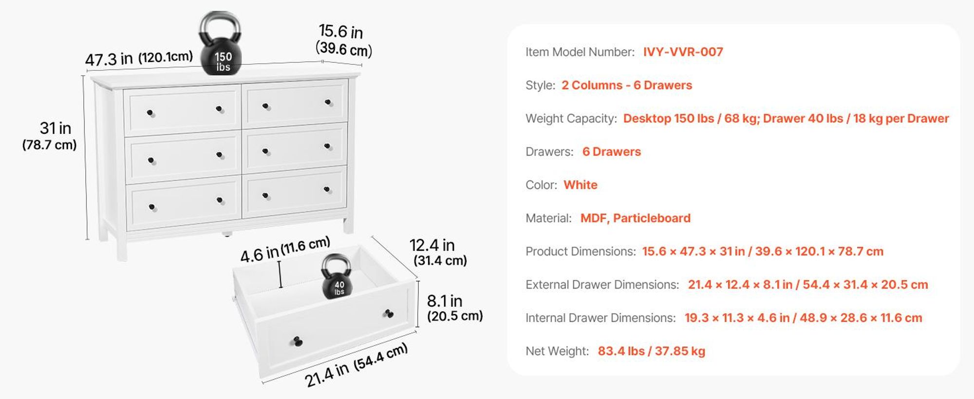 VEVOR Kommode mit 6 Schubladen, Auszug und Kippschutz, schlichte Vintage-Kommode, TV-Schrank, Organizer-Regal für Wohnzimmer, Schlafzimmer und Eingangsbereich (weiß)