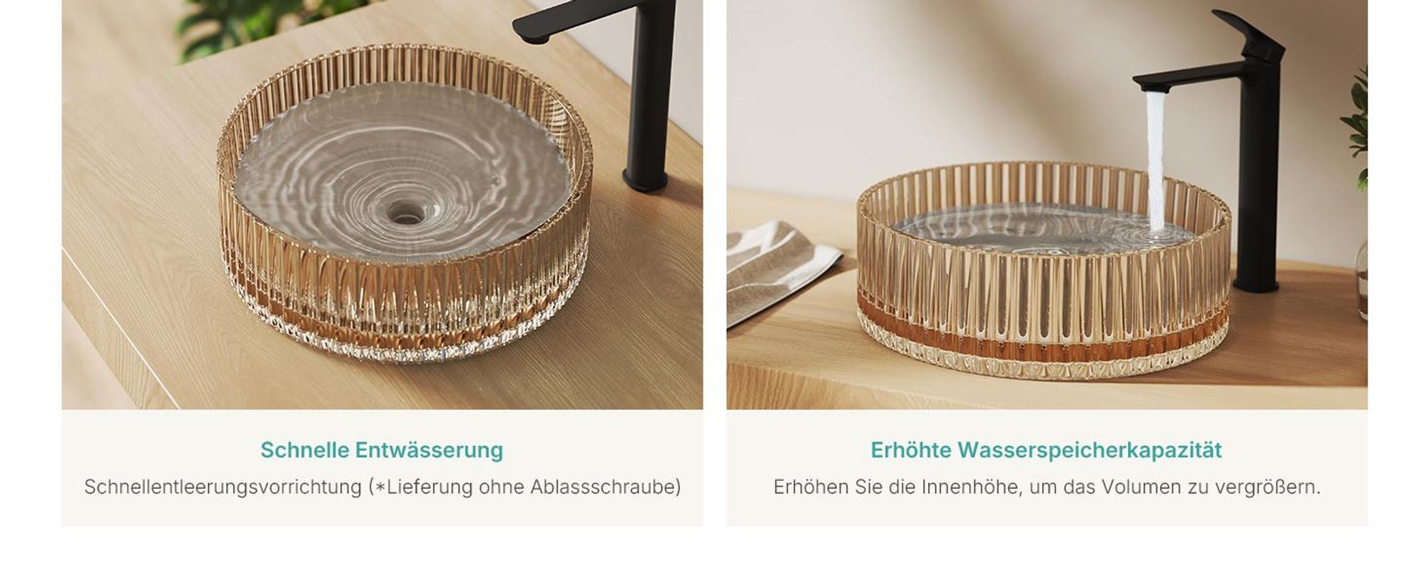 EMKE Aufsatzwaschbecken Rund 400x400x120mm aus gehärtetem Kristallglas Roségold Elektroplattiert ohne Hahnloch & Überlauf, Modernes Design