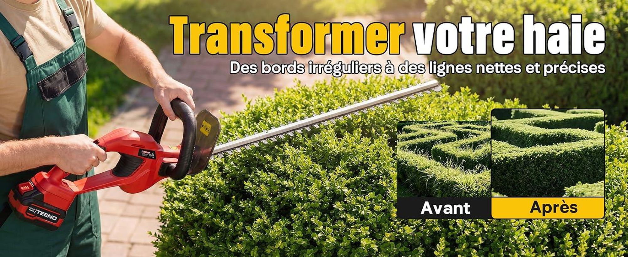 TEENO Heckenschere Akku 20 V: Elektrische Heckenschere mit 1 Akku 4000 mAh, Klinge 52 cm, Schnitt 16 mm, 180° drehbarer Griff, für Garten, Hecken