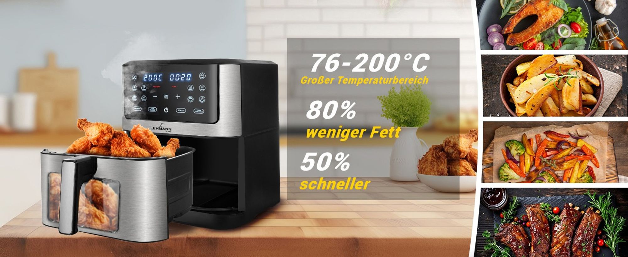 Lehmann XXL Heißluftfritteuse 8L mit Sichtfenster, 1800 W Airfryer mit 10 Programmen und Temperaturregelung, Timer, gesunde Lebensmittel ohne Öl