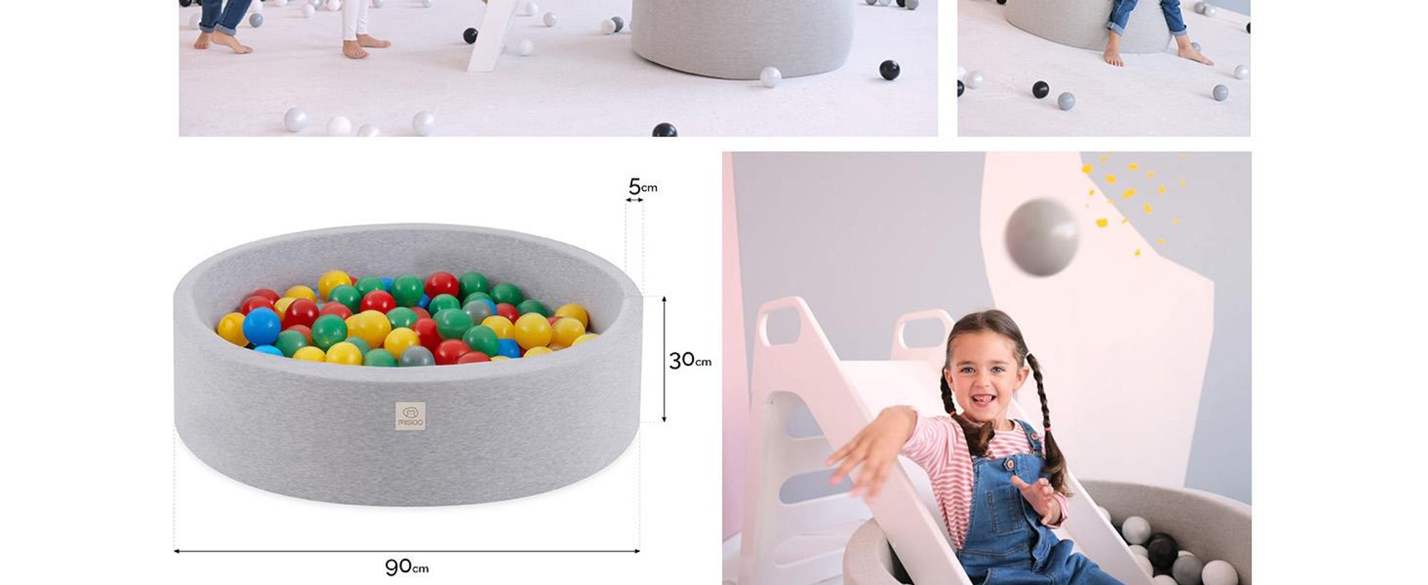 MISIOO Smart Piscine à balles - Enfants pour chambre de bébé - 200 balles - Jouets - Lavable en machine - Oeko-Tex - 90 x 30 cm - Gris clair - Rouge/Vert/Bleu/Jaune