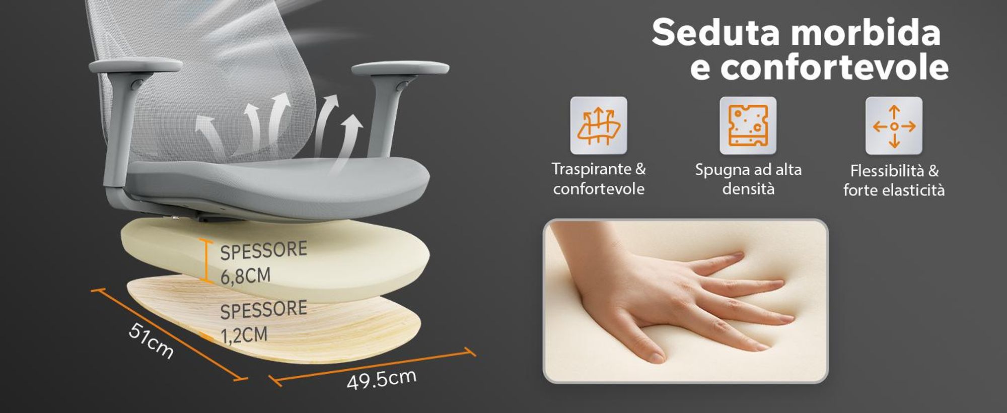 SENSE7 Moyo Sedia da ufficio ergonomica Sedia da scrivania Grigio Braccioli 3D Schienale in rete Supporto lombare Sedia direzionale Sedia per home office e PC 150 kg