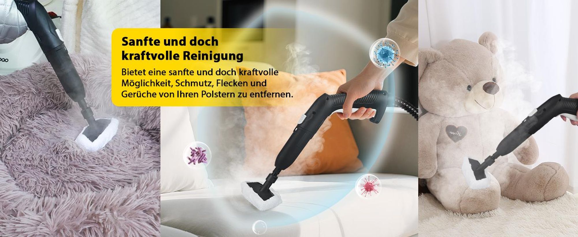 Dampfreiniger 2000W, 5 bar Dampfdruck, 2L Tank, ca. 5-8 Min. Aufheizzeit, bis 160℃, 19 Zubehör, Dampfbesen für Teppiche, Fenster, Glas und Vorhänge