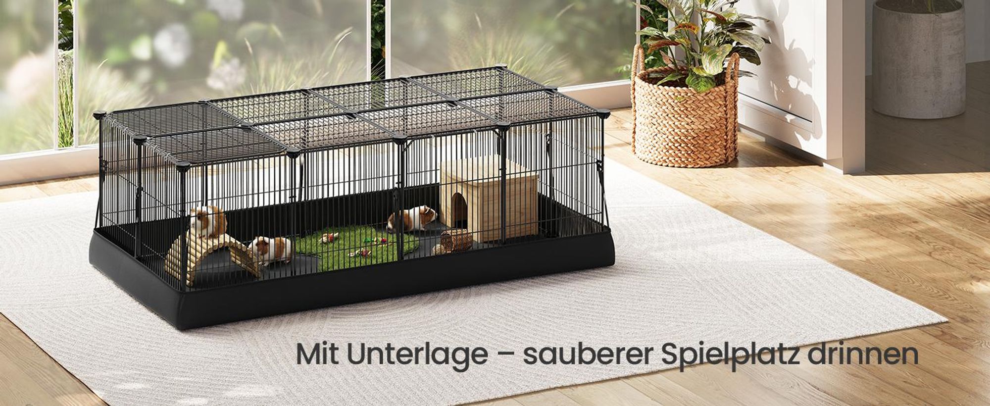 SONGMICS Kleintierlaufstall mit Doppeltür, Freigehege für Kaninchen, Meerschweinchen, Unterlage, 20 Platten, schwarz