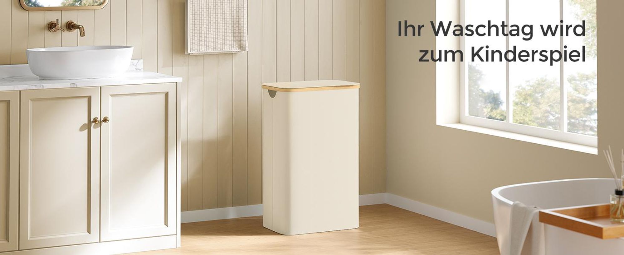 SONGMICS Wäschekorb mit Deckel, 90 L, herausnehmbarer Wäschesack, Griffe aus Bambus