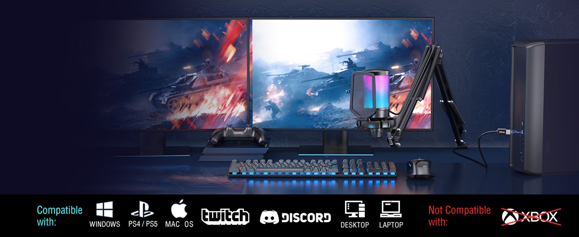 FIFINE Gaming Mikrofon PC mit Arm USB Microphone für Podcast Streaming Studio