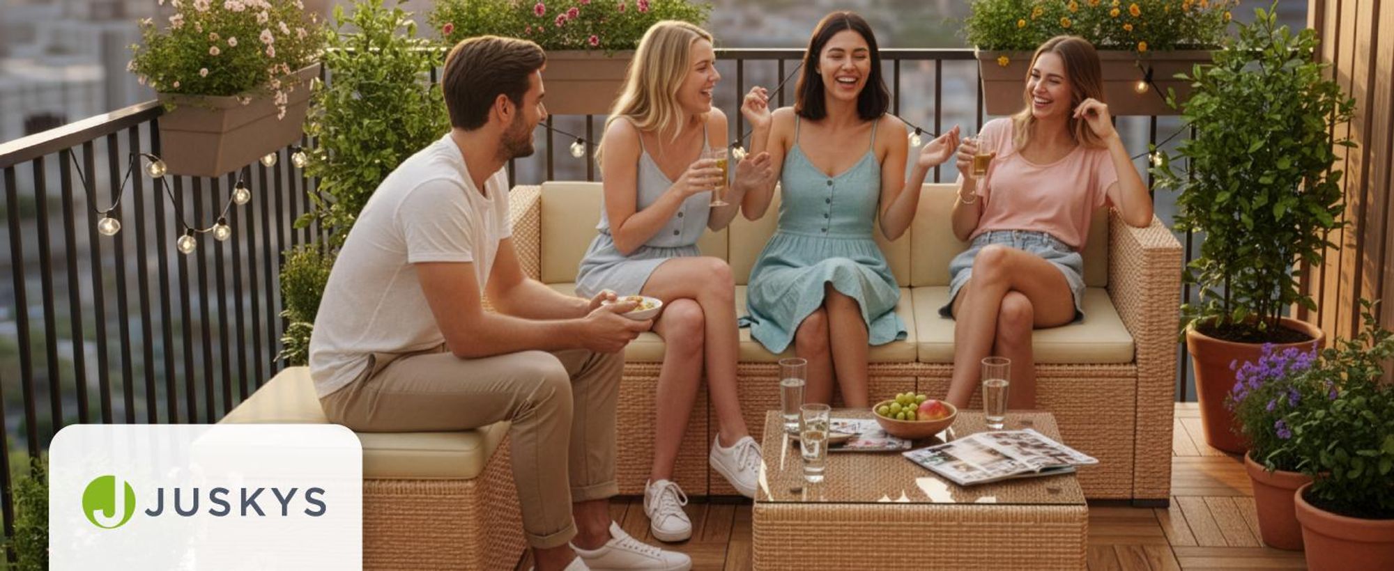 Juskys Polyrattan Lounge Punta Cana M schwarz – Gartenlounge Set für 3-4 Personen – Sitzgruppe mit Sofa, Tisch & Hocker - Sitzbezüge in Creme