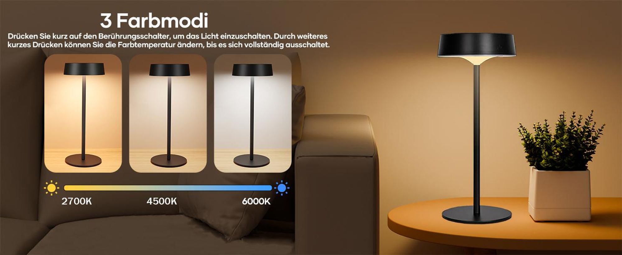 LED Tischlampe Solar Wiederaufladbar Kabellos Tischleuchte 3 Farbtemperaturen Dimmbar Touch Schalter Wasserdicht für Innen Aussen, Schwarz