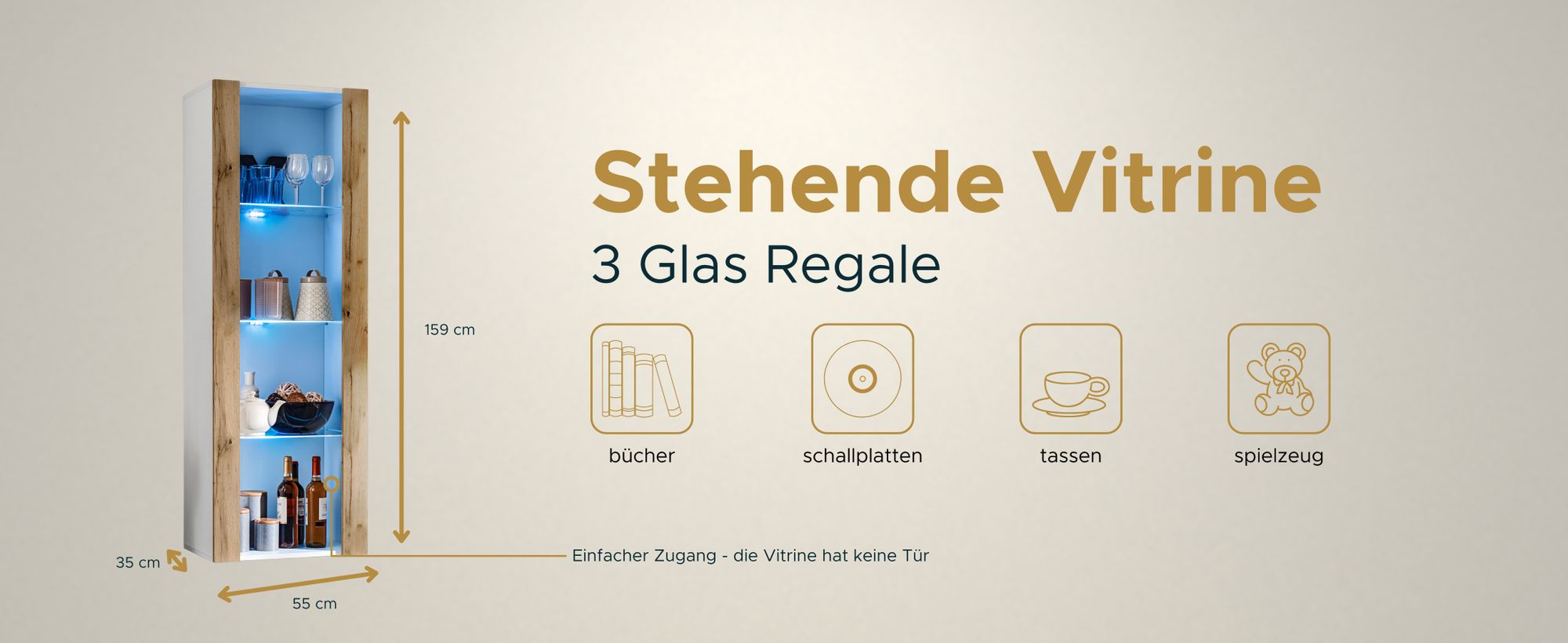 Komodee | Wohnwand mit TV-Schrank und Vitrine Tivoli Set Medio, Korpus Weiß Matt Frontfarbe Wotan Matt, LED Blau