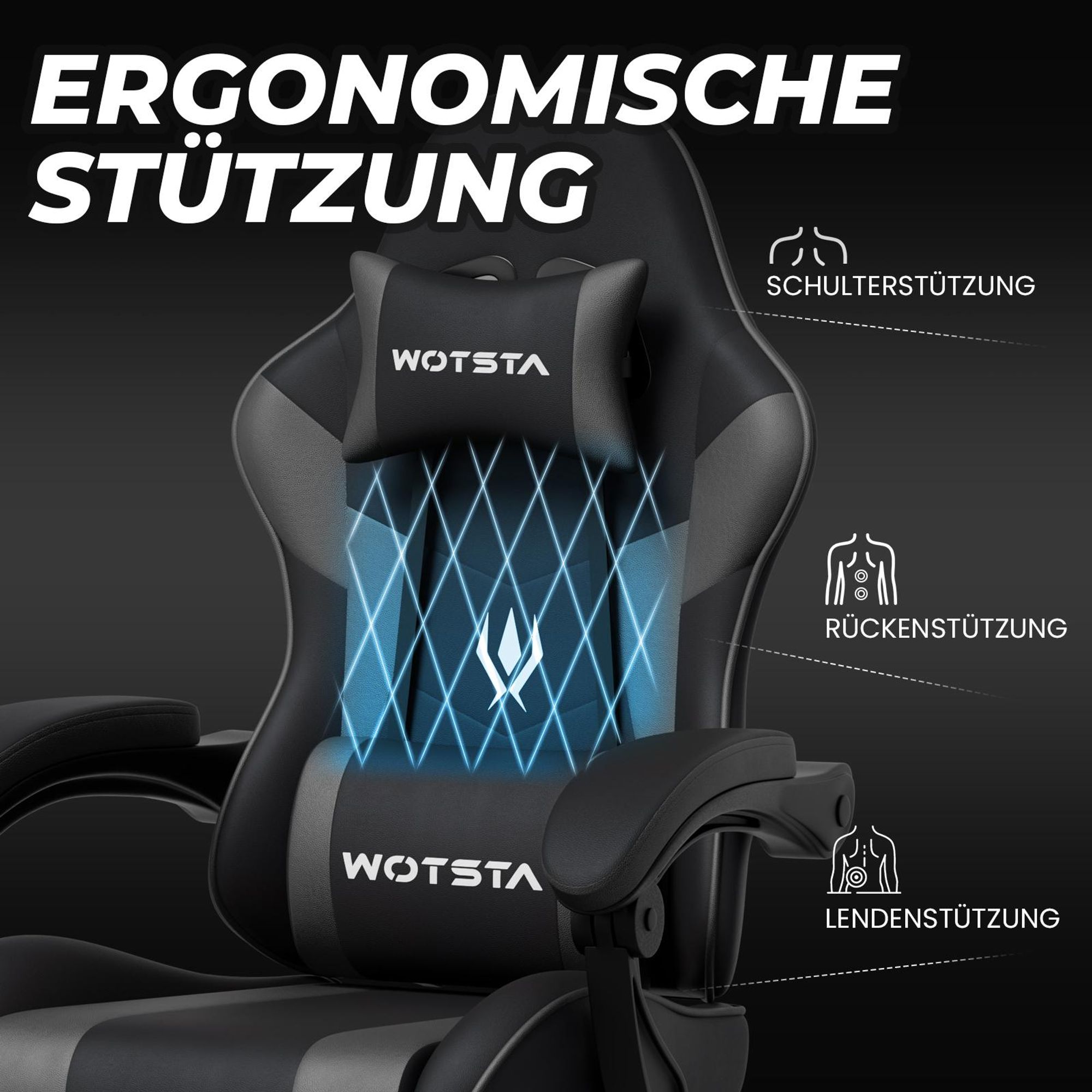 Gaming‑Stuhl mit ergonomischer Schulter‑, Rücken‑ und Lendenstütze