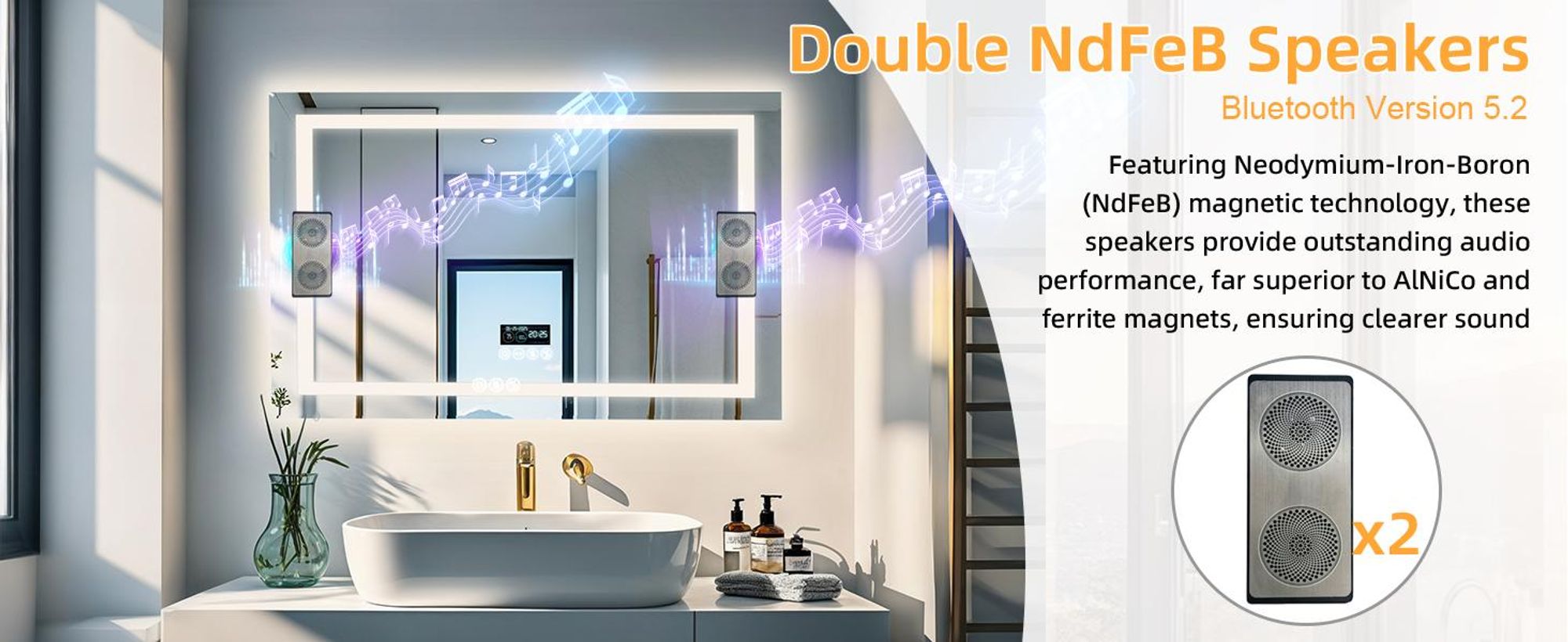 WISFOR LED Badspiegel mit Bluetooth Lautsprecher, 100x70cm Badezimmerspiegel mit Beleuchtung 3 Lichtfarbe, LED Wandspiegel dimmbar beschlagfrei