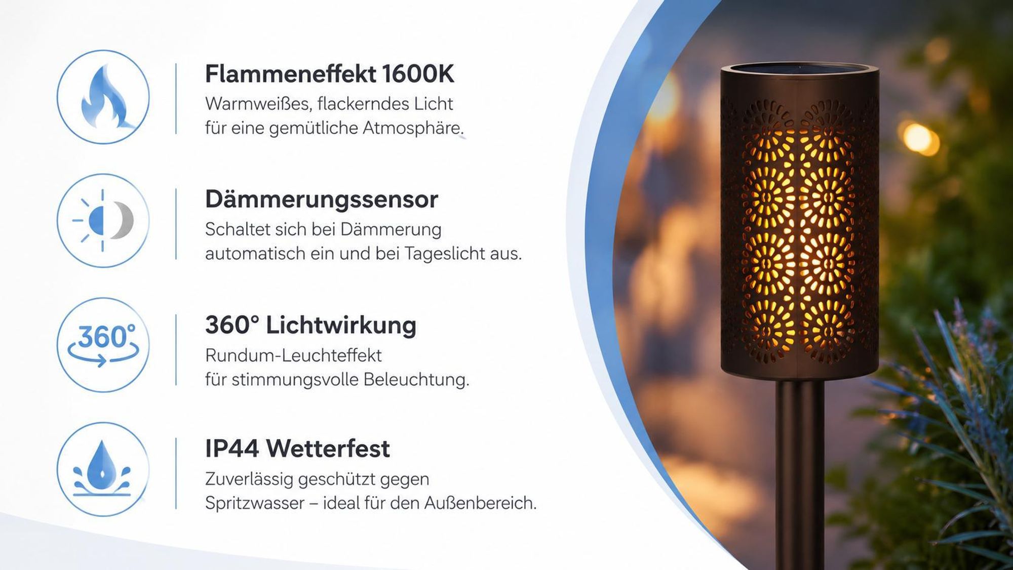 MasterLED LED Solar Gartenfackel 39cm mit Flammeneffekt IP44 für Garten