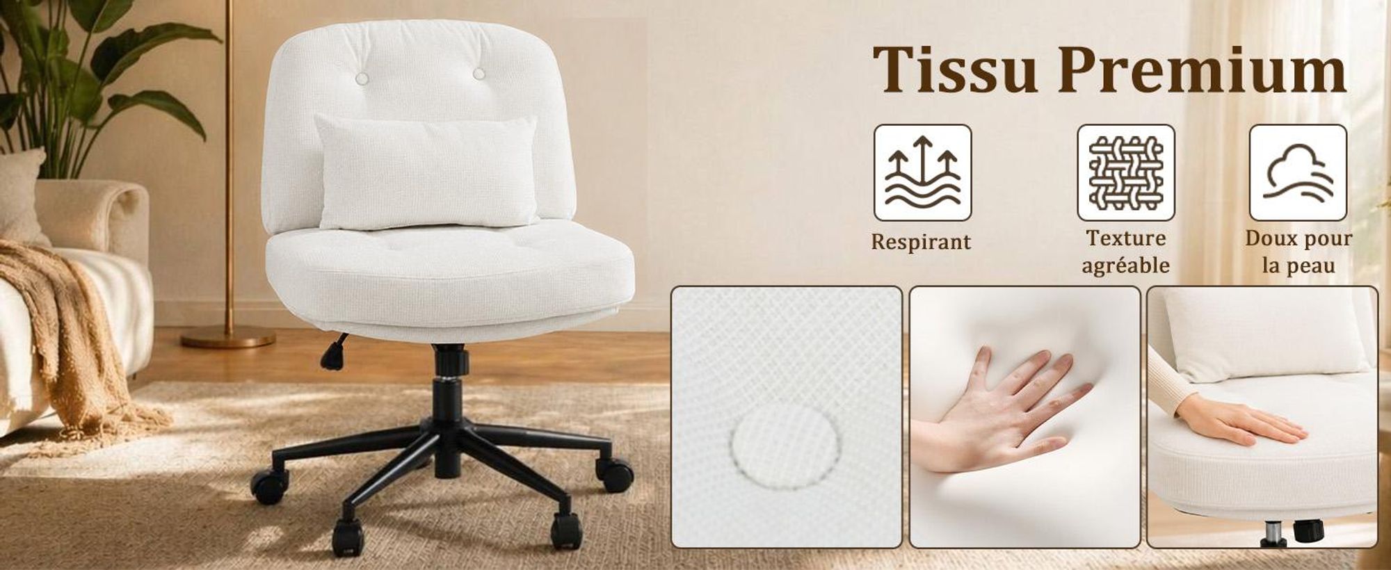 Chaise, pivotante, dossier réglable Chaise de Bureau Ergonomique Sans Roulettes, Pivotante avec Assise Large, Réglable en Hauteur, Coussin, Beige