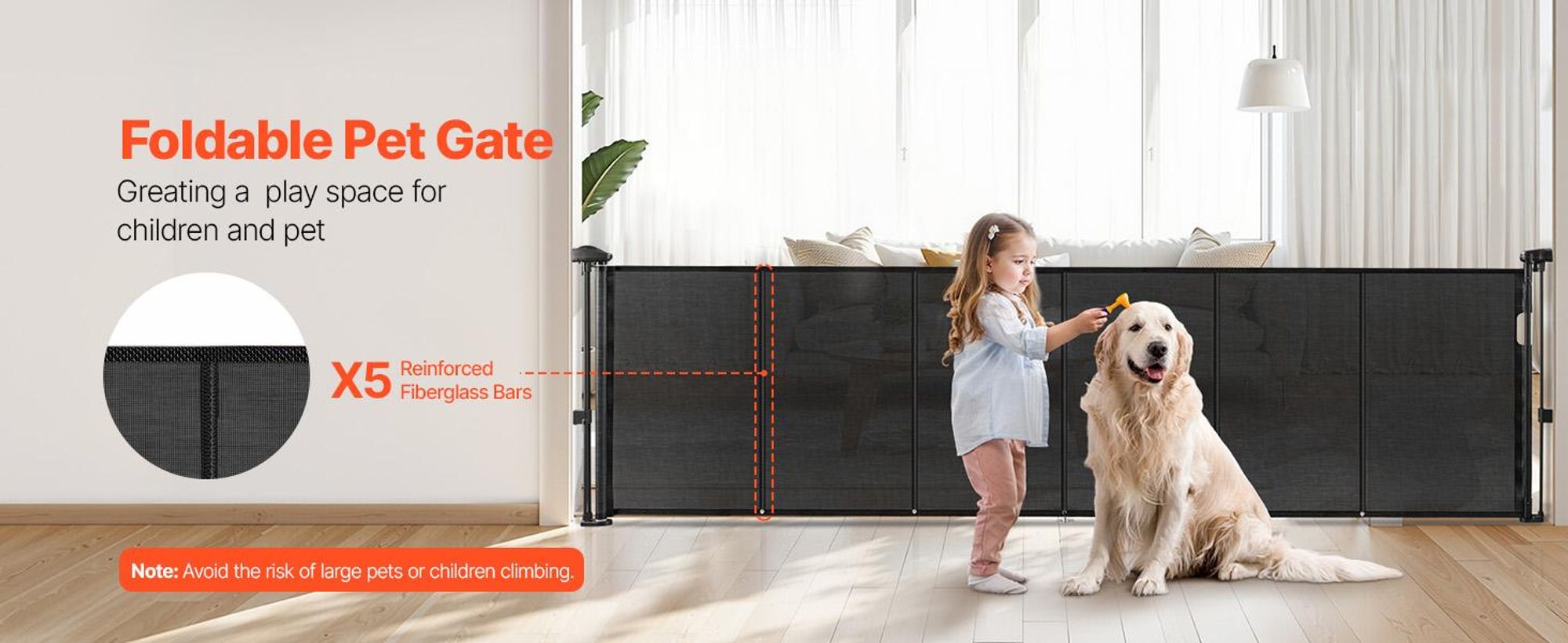 VEVOR einziehbares Babygitter (87 cm hoch ausziehbar bis 280 cm breit) ausziehbares Gitter für Kinder Haustiere, Netzmaterial, Treppenschutzgitter für Innentreppen Türen Flure Spielzimmer, Schwarz