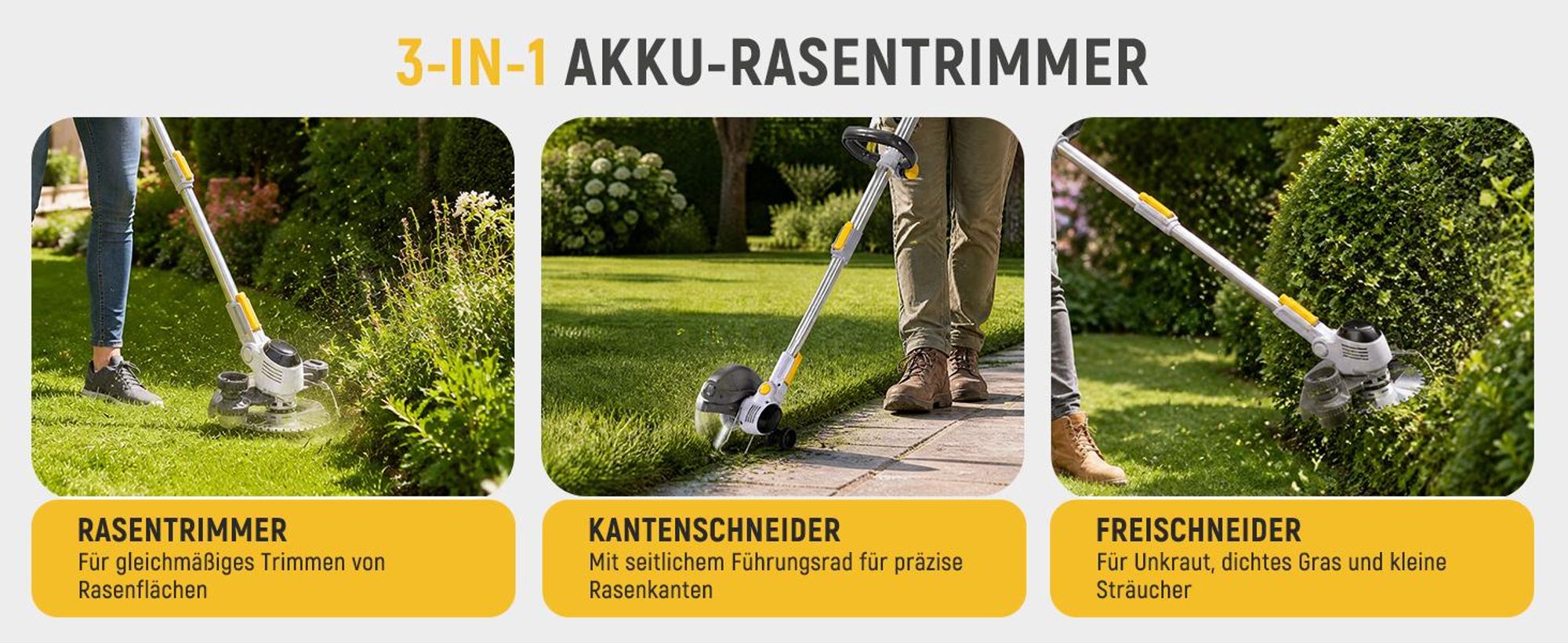 Traumheim Akku Rasentrimmer 21V, 3-in-1 Freischneider, 2x 2,0Ah Akku mit Ladegerät, Teleskopstiel, Kantenschneider, 3 Messerarten,für Garten und Rasen