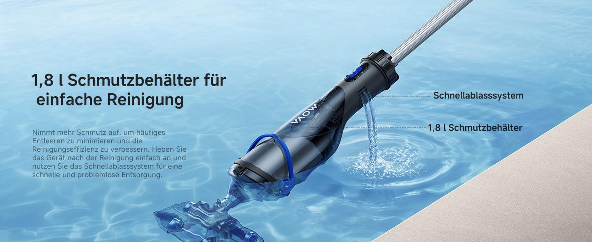 MOVA Handler V10 Kabelloser Poolsauger, 4.200 L/h Saugleistung, 60 Min Laufzeit, Transparenter Saugkopf, 1,8 m Teleskopgriff