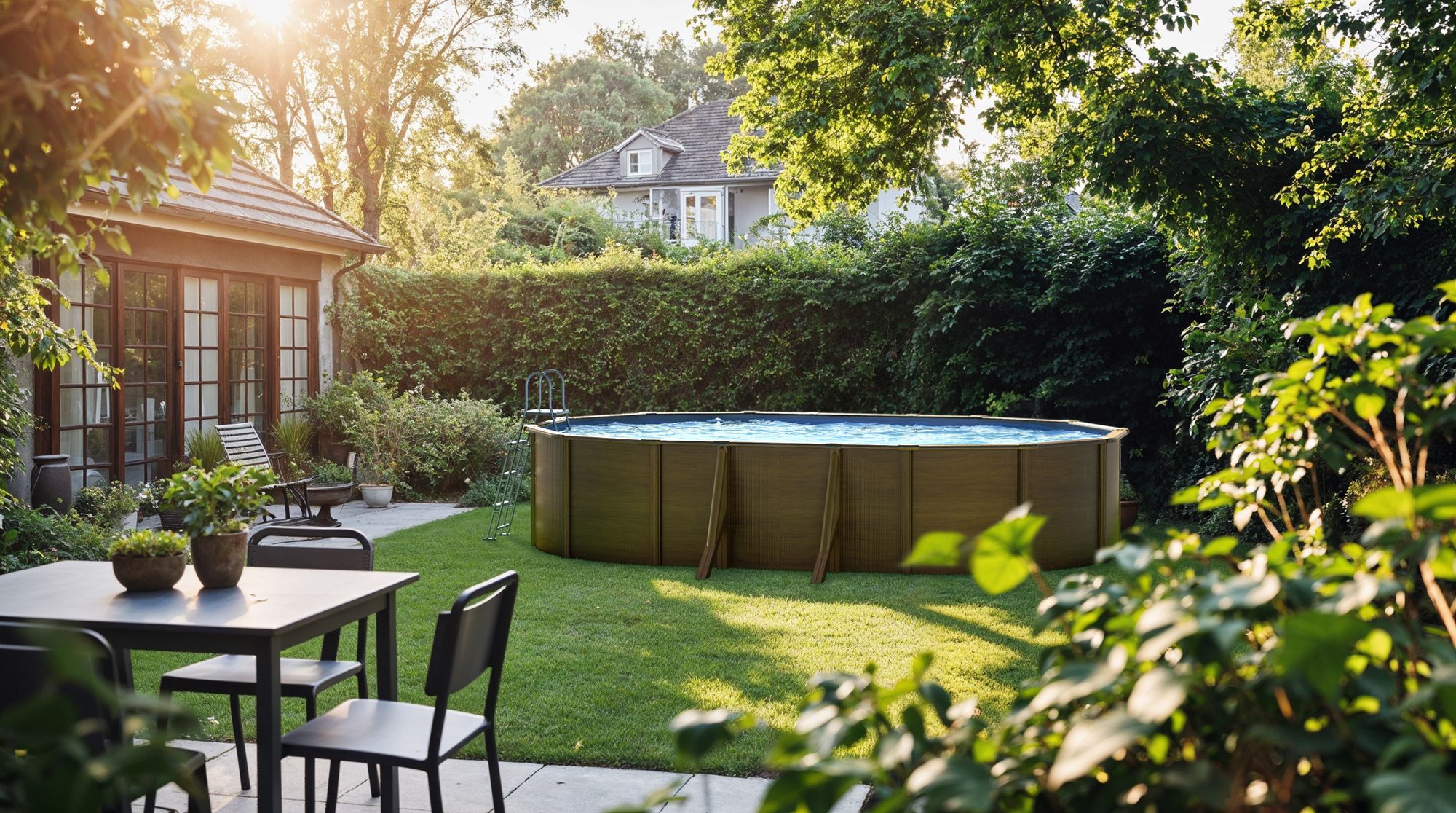 Das Bild zeigt eine elegantes Stahlwandpool mit Holzoptik