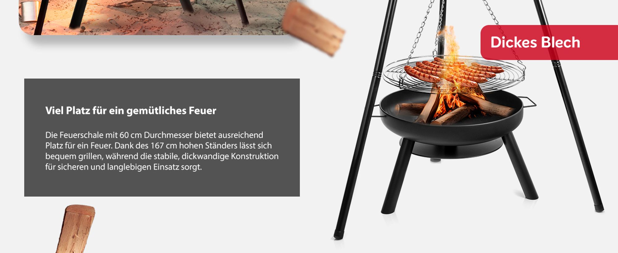 LEHMANN Feuerschale mit Ø 58 cm Grillrost, großes Dreibein für Feuerschale mit Schwenkgrill, Holzkohlegrill mit Feuerschale